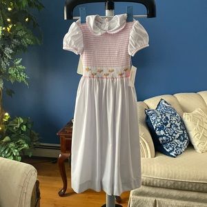 Hand Smocked front long short sleeve white dress